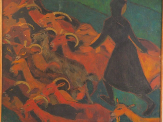 Vente aux enchères Ecole française XXème. "Bergère et son troupeau de chèvres" Huile sur 