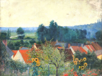 Vente aux enchères Ecole française début XXème. "Potager fleuri en bordure de village". H