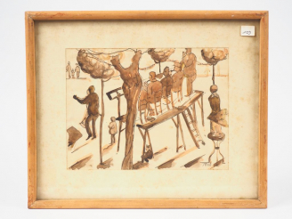 Vente aux enchères Ecole française XXème. "Le bal en plein air". Lavis, daté en bas à dro