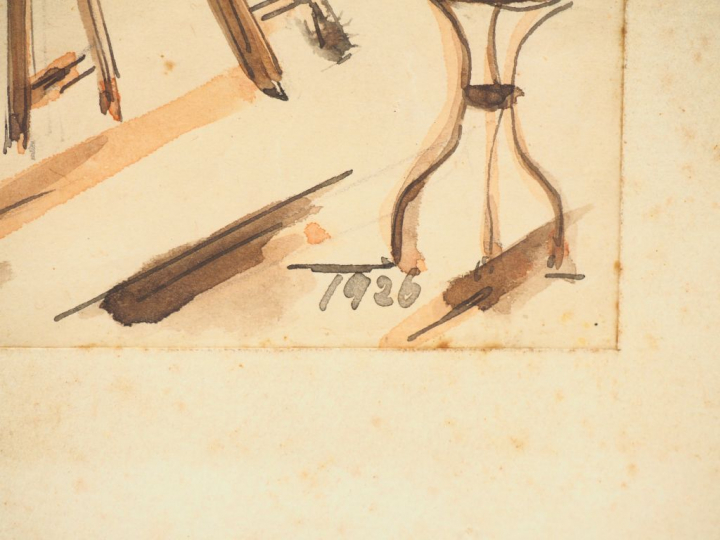 Ecole française XXème. "Le bal en plein air". Lavis, daté en bas à dro