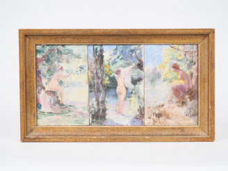 Vente aux enchères Ecole française début XXème. 3 tableautins dans un même encadrement "J