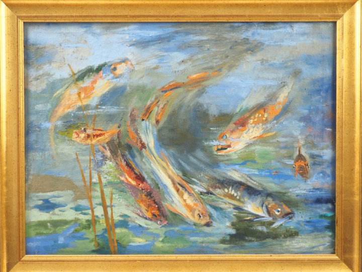 Ecole française XXème.  "Poissons" Huile sur toile Dim. 59,5 x 80 cm