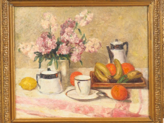Vente aux enchères Ecole française XXème. "Table dressée". Huile sur toile, signée en bas