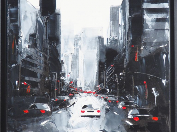 Ecole française XXème. "New-York la nuit" Huile sur toile, signée en b