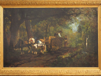 Vente aux enchères Ecole française XXème. "le chargement de bois". Huile sur toile. Dim. 