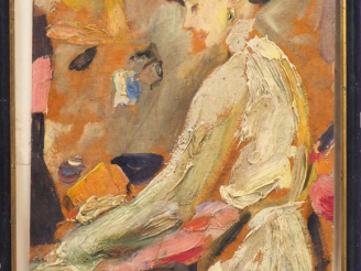 Vente aux enchères Mario CAVAGLIERI.  "Giulietta (?) au piano" Huile sur carton, signée e