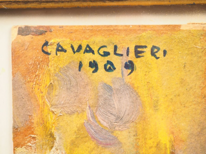 Mario CAVAGLIERI.  "Giulietta (?) au piano" Huile sur carton, signée e