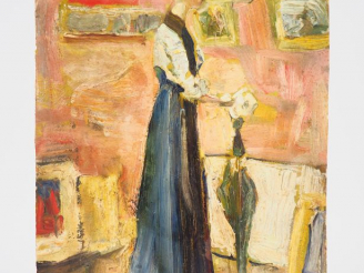 Vente aux enchères Mario CAVAGLIERI. "Jeune femme visitant l'atelier" Huile sur carton, t