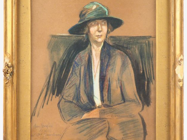Mario CAVAGLIERI.  "Portrait de dame au chapeau vert" Dessin au crayon