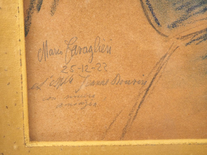 Mario CAVAGLIERI.  "Portrait de dame au chapeau vert" Dessin au crayon