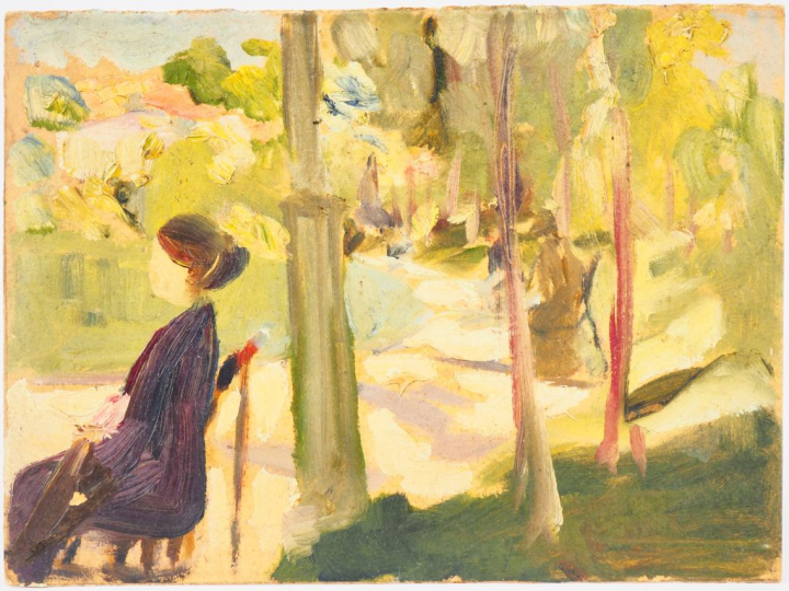 Mario CAVAGLIERI.  "Jardin public" Huile sur carton, titrée et datée a