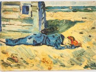 Vente aux enchères Mario CAVAGLIERI.  "Femme couchée sur le sable" Huile sur panneau, sig