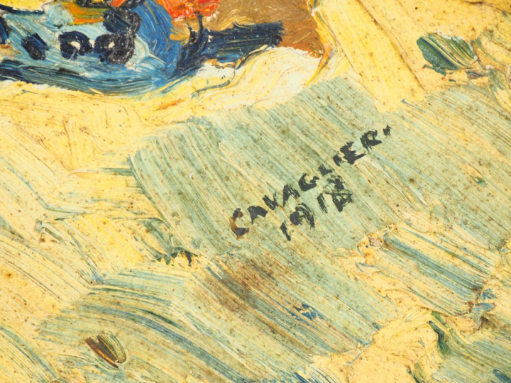 Mario CAVAGLIERI.  "Femme couchée sur le sable" Huile sur panneau, sig