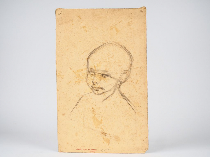 Mario CAVAGLIERI.  "Jeune fille en sarreau" Huile sur carton, titrée e