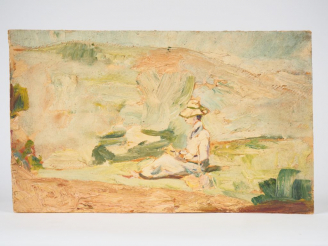 Vente aux enchères Mario CAVAGLIERI.  "Lecture dans le pré" Huile sur carton, titrée et d