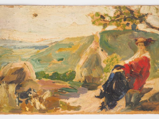 Vente aux enchères Mario CAVAGLIERI.  "La pause sous l'arbre" Huile sur carton, datée et 