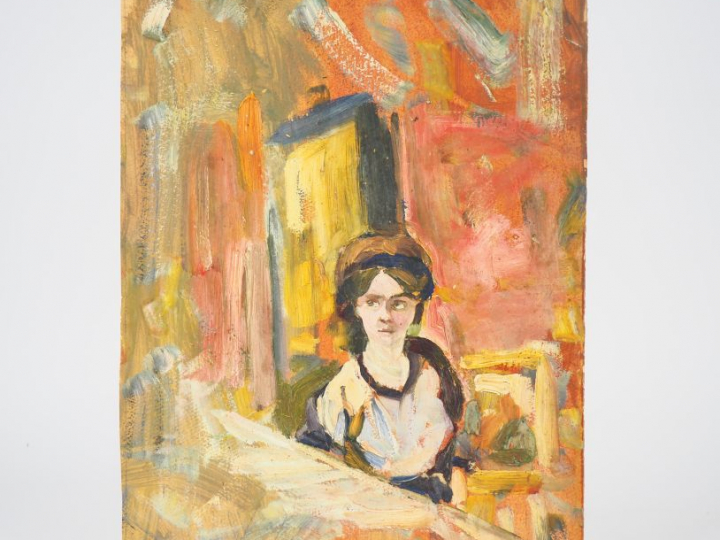 Mario CAVAGLIERI.  "Le bandeau bleu" Huile sur carton, titrée et datée