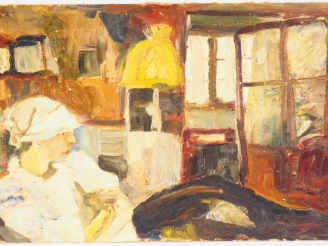 Vente aux enchères Mario CAVAGLIERI.  "La blouse blanche" Huile sur carton, signée en bas