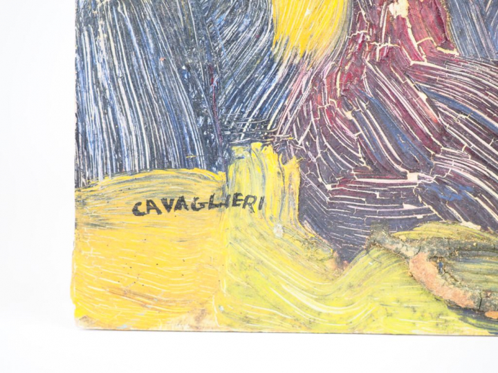 Mario CAVAGLIERI.  "En visite dans l'atelier" Huile sur carton, signée