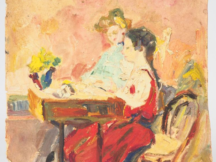 Mario CAVAGLIERI.  "La leçon de clavecin" Huile sur carton, titrée et 