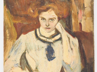 Vente aux enchères Mario CAVAGLIERI.  "la blouse blanche gansée de bleu" Huile sur carton