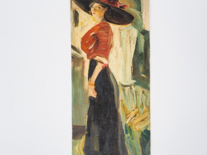 Mario CAVAGLIERI.  "Giulietta au grand chapeau". Huile sur carton daté