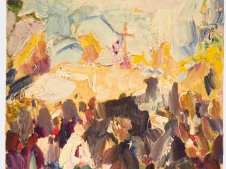 Vente aux enchères Mario CAVAGLIERI.  "La procession" Huile sur carton, signée en bas à g