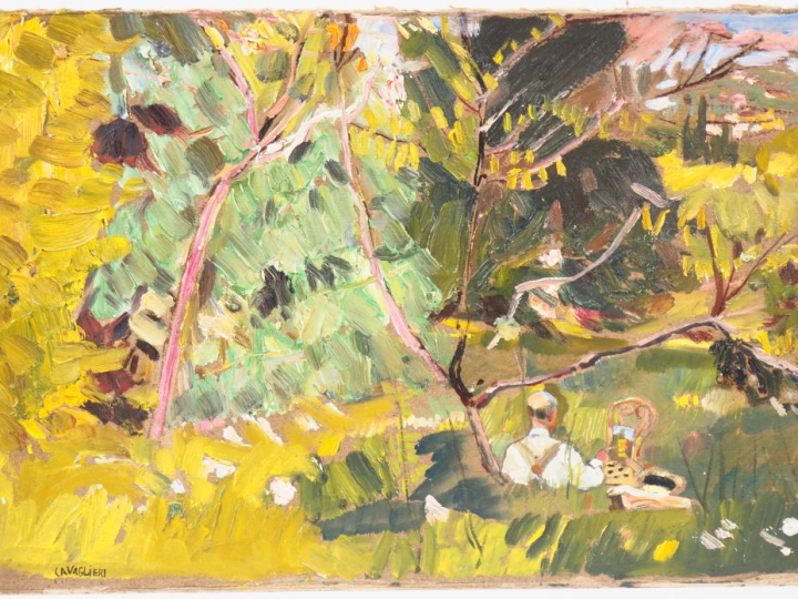Mario CAVAGLIERI.  "Le peintre dans le parc" Huile sur carton, signée 