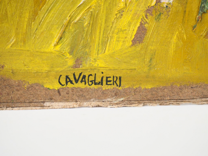 Mario CAVAGLIERI.  "Le peintre dans le parc" Huile sur carton, signée 