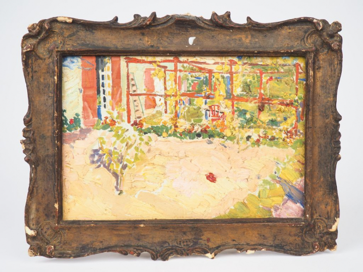 Mario CAVAGLIERI. "Tonnelle dans le jardin" Huile sur carton Dim. 20 x