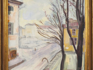 Vente aux enchères Mario CAVAGLIERI.  "Ruelle en hiver" Huile sur toile, signée en bas à 