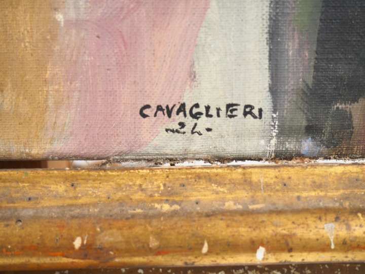 Mario CAVAGLIERI.  "Ruelle en hiver" Huile sur toile, signée en bas à 