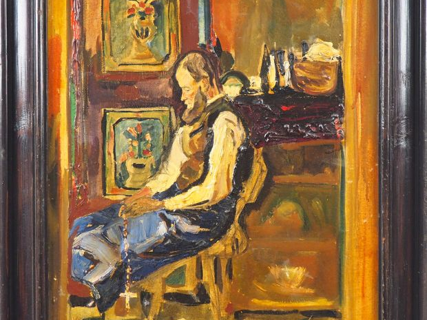 Mario CAVAGLIERI.  "Le sonneur de cloches au chapelet" Huile sur toile