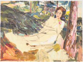 Vente aux enchères Mario CAVAGLIERI.  "Femme se reposant dans le parc" Huile sur carton, 