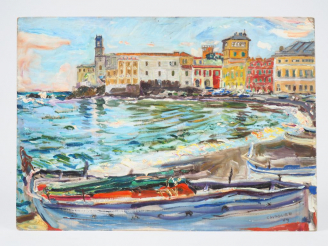 Vente aux enchères Mario CAVAGLIERI.  "La plage" Huile sur carton, signée en bas à droite