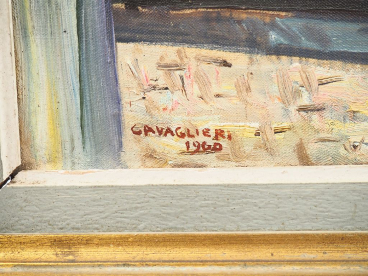 Mario CAVAGLIERI.  "Rue de Montmartre Huile sur toile, signée en bas à