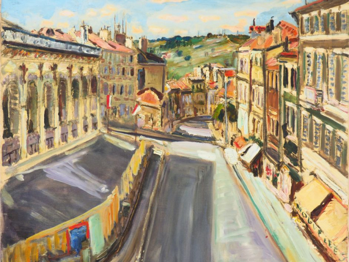 Mario CAVAGLIERI.  "Vue de village" Huile sur toile, signée et bas à g
