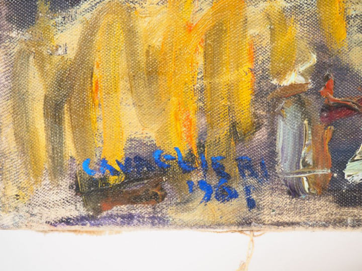 Mario CAVAGLIERI.  "Vue de village" Huile sur toile, signée et bas à g