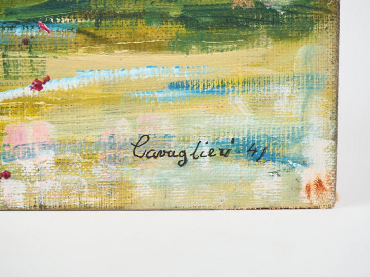 Mario CAVAGLIERI.  "Ovada" Huile sur carton, signée en bas à droite et