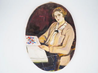Vente aux enchères Mario CAVAGLIERI.  "Jeune femme à la lecture" Huile sur toile en médai