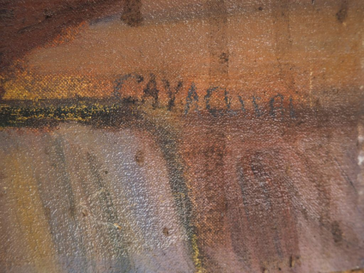 Mario CAVAGLIERI.  "La cuisine du moulin" Huile sur toile, signée en b