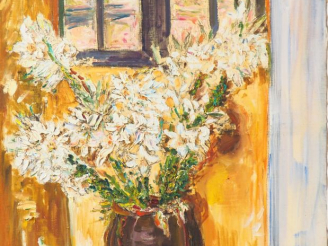 Vente aux enchères Mario CAVAGLIERI.  "Lys devant la fenêtre" Huile sur toile, signée en 