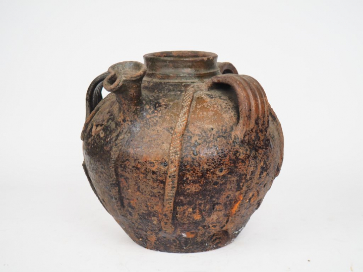 Jarre à huile XIXème en terre vernissée brune à décor de cordages en r