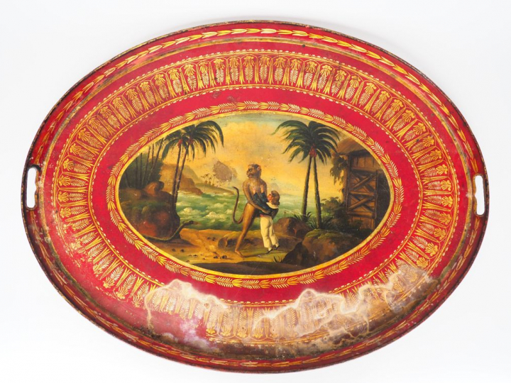 Grand plateau ovale début XIXème en tôle polychrome, représentant un p