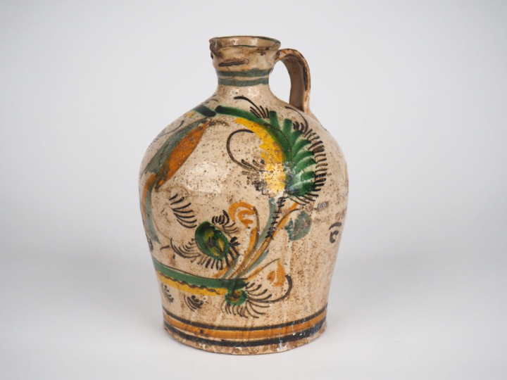 Verseuse en terre vernissée espagnole XIXème à décor polychrome d'oise