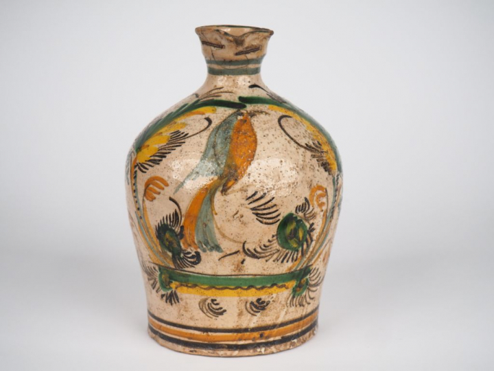 Verseuse en terre vernissée espagnole XIXème à décor polychrome d'oise