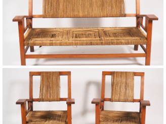 Vente aux enchères Francis JOURDAIN. Mobilier de salon en bois naturel et cordage compren