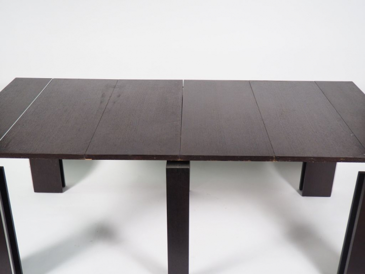 Grande table de salle à manger à allonges en chêne cérusé, piétement e