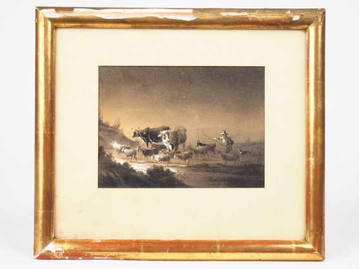 Ecole française XIXème. "berger et son troupeau" Gouache  Dim. 12,5 x 