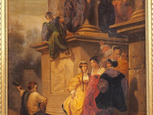 G. VINCENTI. "Le troubadour". Huile sur toile, signée au milieu en bas